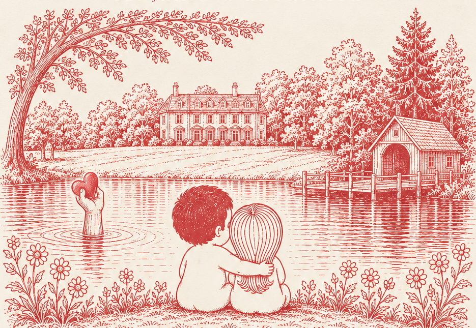 Illustration of Carreglwydd Estate, its lake and boathouse, with Ben and Ana seated together by the water.